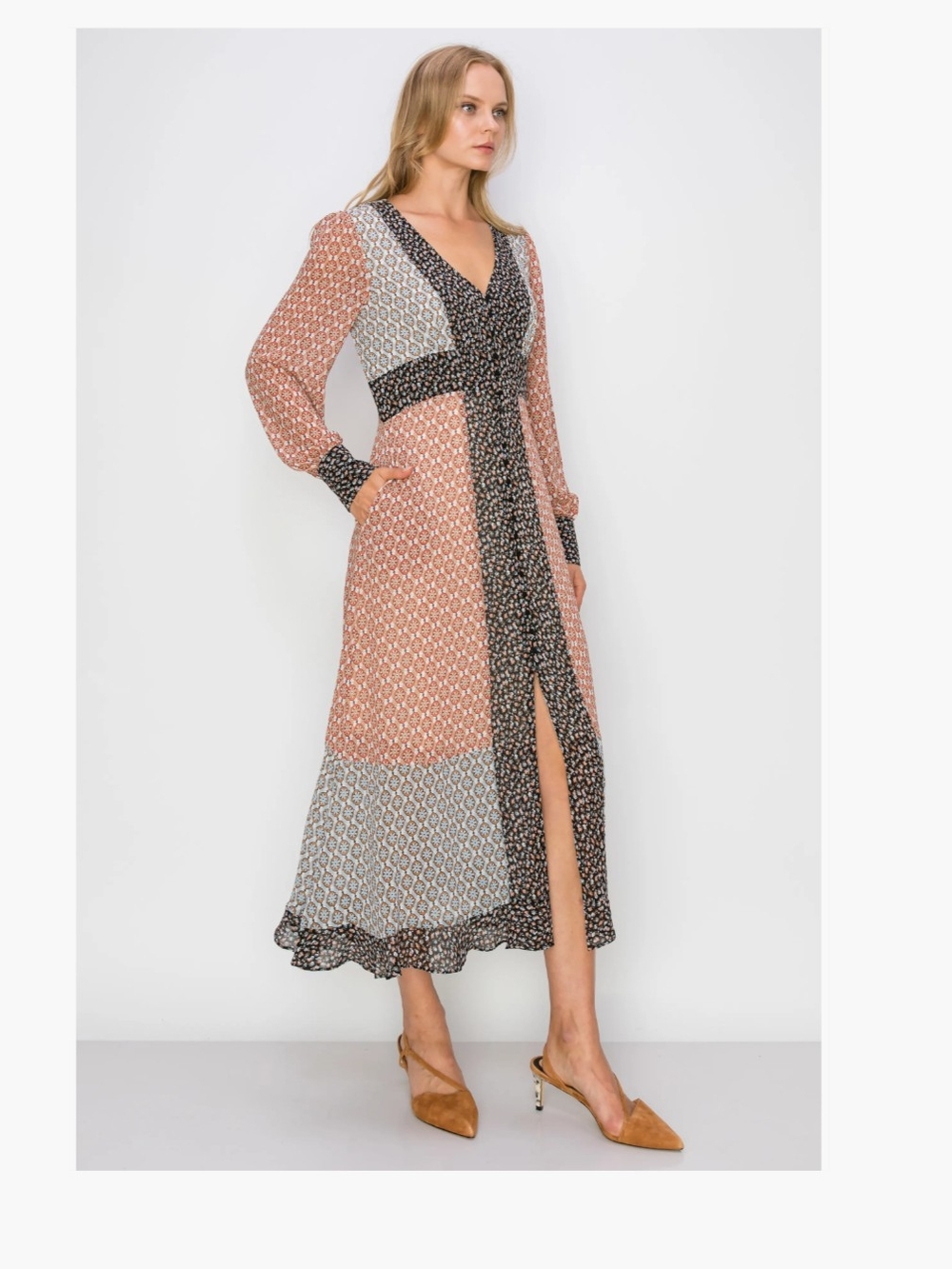 Melloday Block Print Button Down Maxi Dress